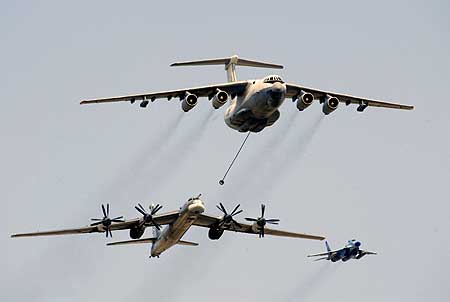 An Il-76 refueller extends the refuelling pod to a Russian TU-95 bomber