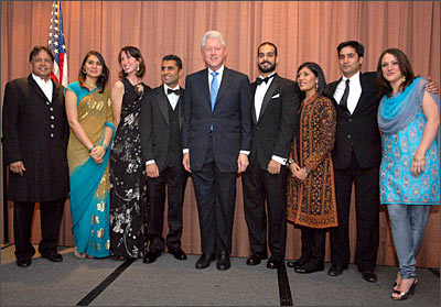 The William J Clinton Fellowship for service in India. From Left, Sridar Iyengar, Jeena Shah, Ann Levy, Sanjay Sharma, Bill Clinton, Larry Beh, Ajaita Shah, Vikas Shah, Yael Gottlieb
