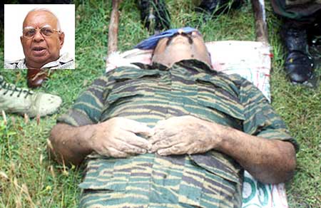 A photograph released by the Sri Lankan military shows the body of LTTE chief Vellupillai Prabhakaran. (Inset) R Sambandhan