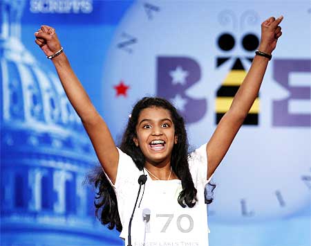 Speller Neetu Chandak from Seneca Falls, New York  reacts to spelling her word correctly in the final round of the 2009 National Spelling Bee in Washington