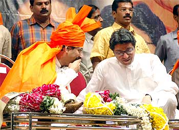 Uddhav and Raj Thacekray before they split at a Shiv Sena  gathering at Shanmukhananda Hall, Mumbai