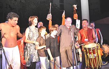 William Dalrymple at the Delhi launch of Nine Lives with his wife Olivia, sons Sam and Adam and the musicians who accompanied the theyyam dancer