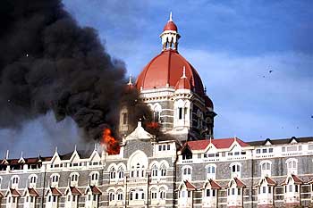 The Taj hotel on fire on November 27, 2008.