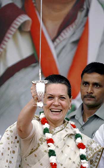 Congress chief Sonia Gandhi during an election rally in Maharashtra.
