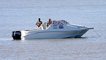 BSF commandos in speedboat about to go out on patrol.