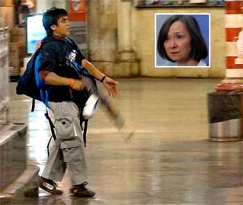 Pakistani terrorist Ajmal Kasab at Mumbai's Chhatrapatti Shivaji Terminus. Inset: Kia Scherr.