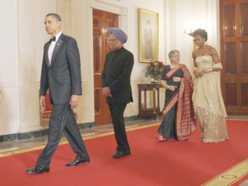 President Barack Obama, Dr Manmohan Singh, Michelle Obama and Gursharan Kaur at the State dinner the American president hosted for the Indian prime minister in November 2009.