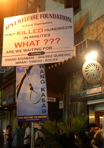 A banner asking for Kasab to be hanged outside the Leopold Cafe
