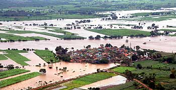 An aerial view shows the flood-affected areas of Karnataka