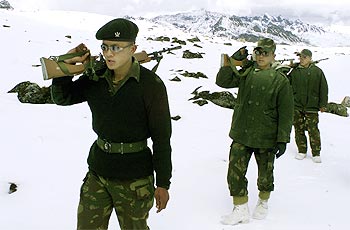 Indian soldiers patrol the border with China in Tawang.
