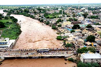 An aerial view of flood affected area at Jevargi in Gulbarga district on Sunday