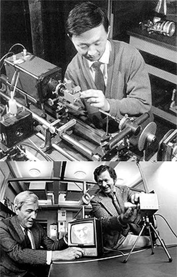 (Top) Charles Kao at work in his laboratory at Harlow, England in 1966. (Bottom) Boyle and Smith