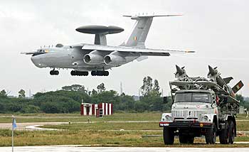 IAF surface to air missiles are displayed, as an IAF IL-76 aircraft configured with the new AWACS (Airborne Warning and Control Systems) prepares to land