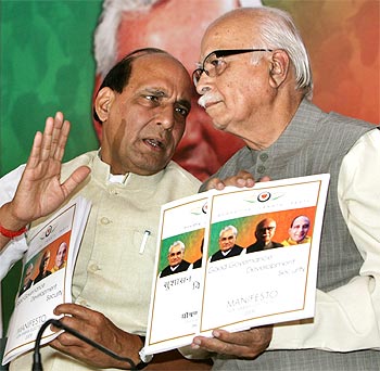 BJP President Rajnath Singh and Leader of the Opposition L K Advani, who is also a senior BJP leader