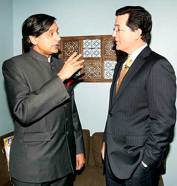 Tharoor with Stephen Colbert