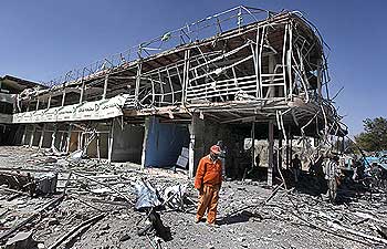The blast site at Indian embassy in Kabul where a blast killed 17 people on October 8