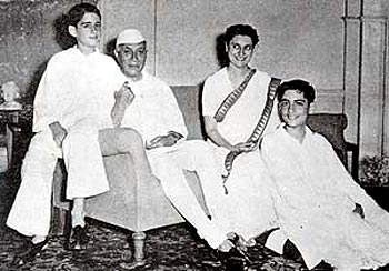 With father Jawaharlal Nehru and sons Rajiv, right, and Sanjay