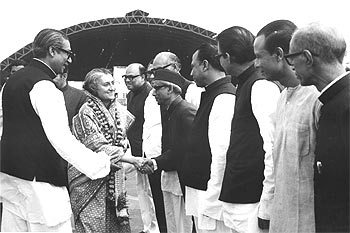 Sheikh Mujibur Rehman, the first President of independent Bangladesh, introduces then prime minister Indira Gandhi to members of his cabinet