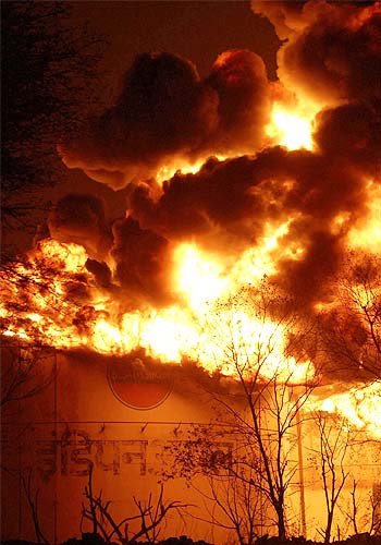 Indian Oil Corporation's fuel depot is surrounded by flames in Sitapura industrial area on the outskirts of Jaipur