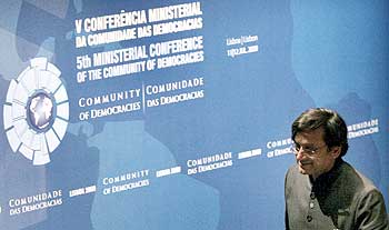 Shashi Tharoor arrives at a conference in Lisbon