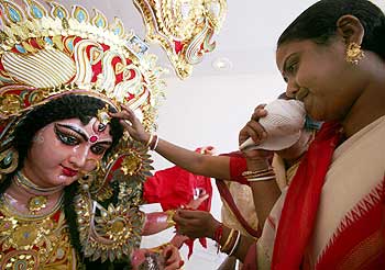 Women at a Durga puja festival in Chandigarh