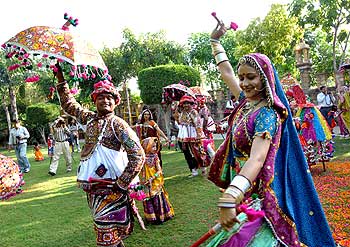 Men and women perform the traditional dance garba in Ahmedabad