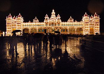 The royal palace is lit up during the 10-day long celebration