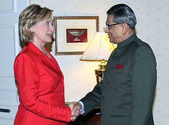 US Secretary of State Hillary Clinton with External Affairs Minister S M Krishna on Sep 25