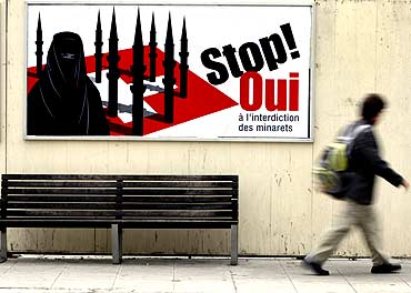 A billboard against the construction of new minarets in Switzerland