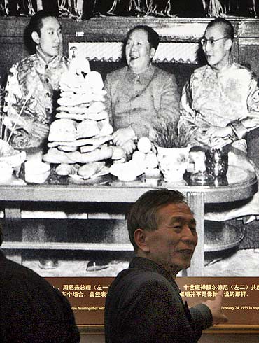 A 1955 photograph of Mao Zedong with the Dalai Lama and the Panchen Erdeni in Beijing