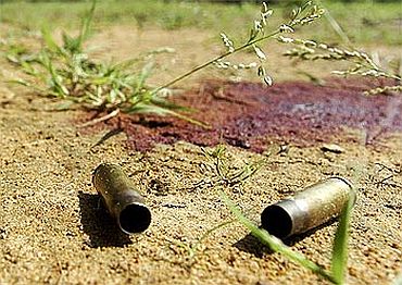 Spent cartridges near Lahiri police station, where policemen were killed in a Maoist attack in Gadchiroli district, in Maharashtra, October 9, 2009