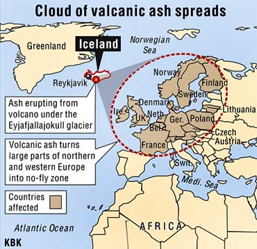 Graphic shows the area affected by the volcanic ash