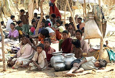 A group of tribals, displaced by Maoist violence, at a camp in Dornapal in Chhattisgarh