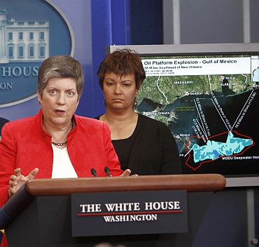 Janet Napolitano, secretary of the Department of Homeland Security, speaks about the response to the massive oil slick in the Gulf of Mexico, at the White House