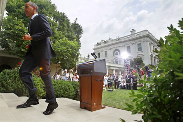 US President Barack Obama leaves a press meet on the leaked Afghan war documents