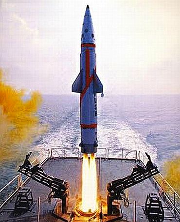 India's nuclear-capable ballistic missile 'Dhanush', with a range of 350 km, being test-fired from a naval ship off the Orissa coast