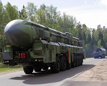 A Russian strategic nuclear missile on its way for inspection by President Medvedev at the Teikovo Strategic Missile base in Russia's Ivanovo region