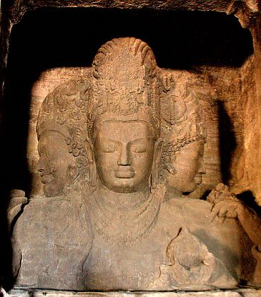 The Trimurti monument inside Elephanta caves