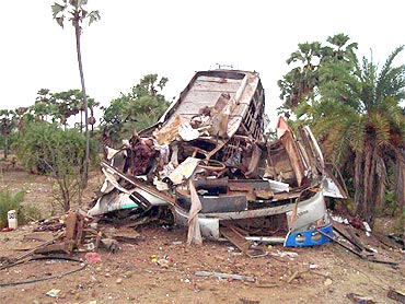 The wreckage of a passenger bus blown up by a landmine in Dantewada