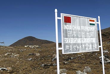 A signboard on the Indian side of the Indo-China border at Bumla