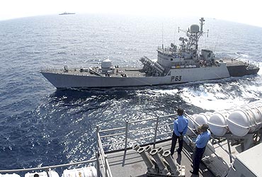 Indian naval warships take part in an exercise in the Bay of Bengal