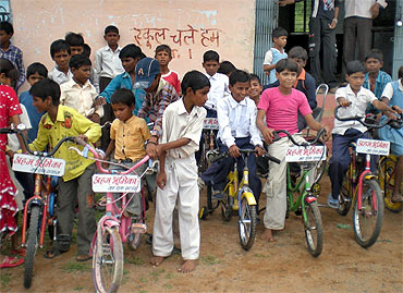 Aham Bhumika collects bicycles and small cycles for school-going children and Anganwadi centers