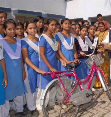 Schoolgirls in Bihar with their new bicycles, which were handed over by the state government