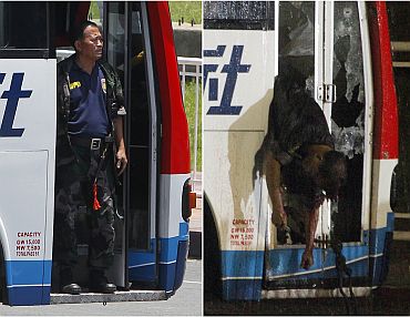 A combination photo shows former police officer Rolando Mendoza, who took a tourist bus hostage, standing at the door of the vehicle (L) and after he was shot dead