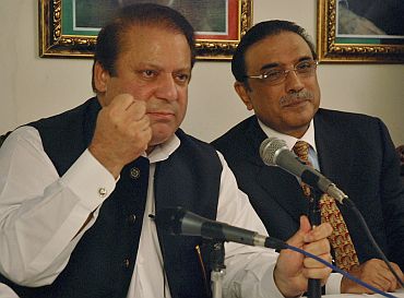 Pakistan's former PM Nawaz Sharif speaks during joint news conference with Zardari in Islamabad
