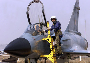 An Indian Air Force pilot in a French-made Mirage 2000 during a joint exercise in Gwalior in 2003.