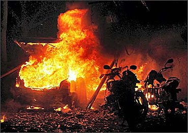 Vehicles on fire at the scene of the blast in Ahmedabad, which was a part of operation BAD