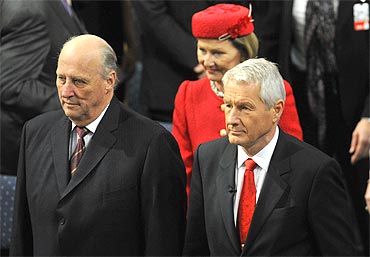 Norwegian King Harald, Queen Sonja and Nobel Committee chairman Thorbjorn Jagland at the ceremony