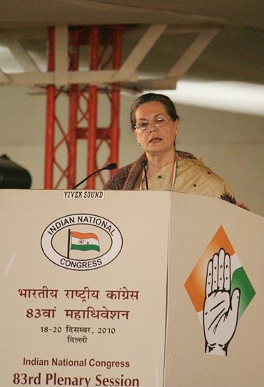 Congress President Sonia Gandhi speaks at the plenary session