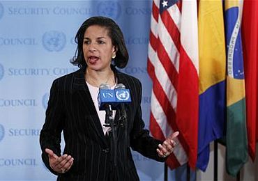 US ambassador to the UN, Susan Rice, speaks following an emergency meeting of the United Nations Security Council regarding tensions between North and South Korea at the UN Headquarters in New York